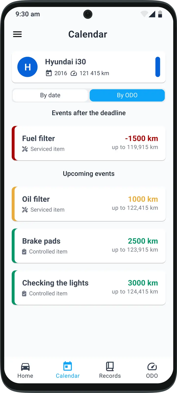 Chronological overview of service tasks and upcoming vehicle maintenance dates in the HealthCar application