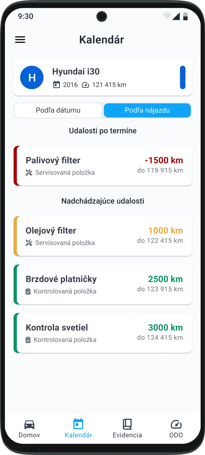 Chronologický prehľad servisných úkonov a nadchádzajúcich termínov údržby vozidla v aplikácii HealthCar