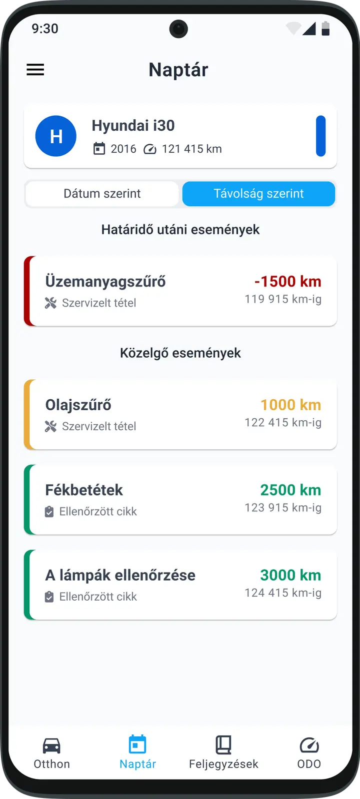 A szervizfeladatok és a közelgő járműkarbantartási időpontok időrendi áttekintése a HealthCar alkalmazásban