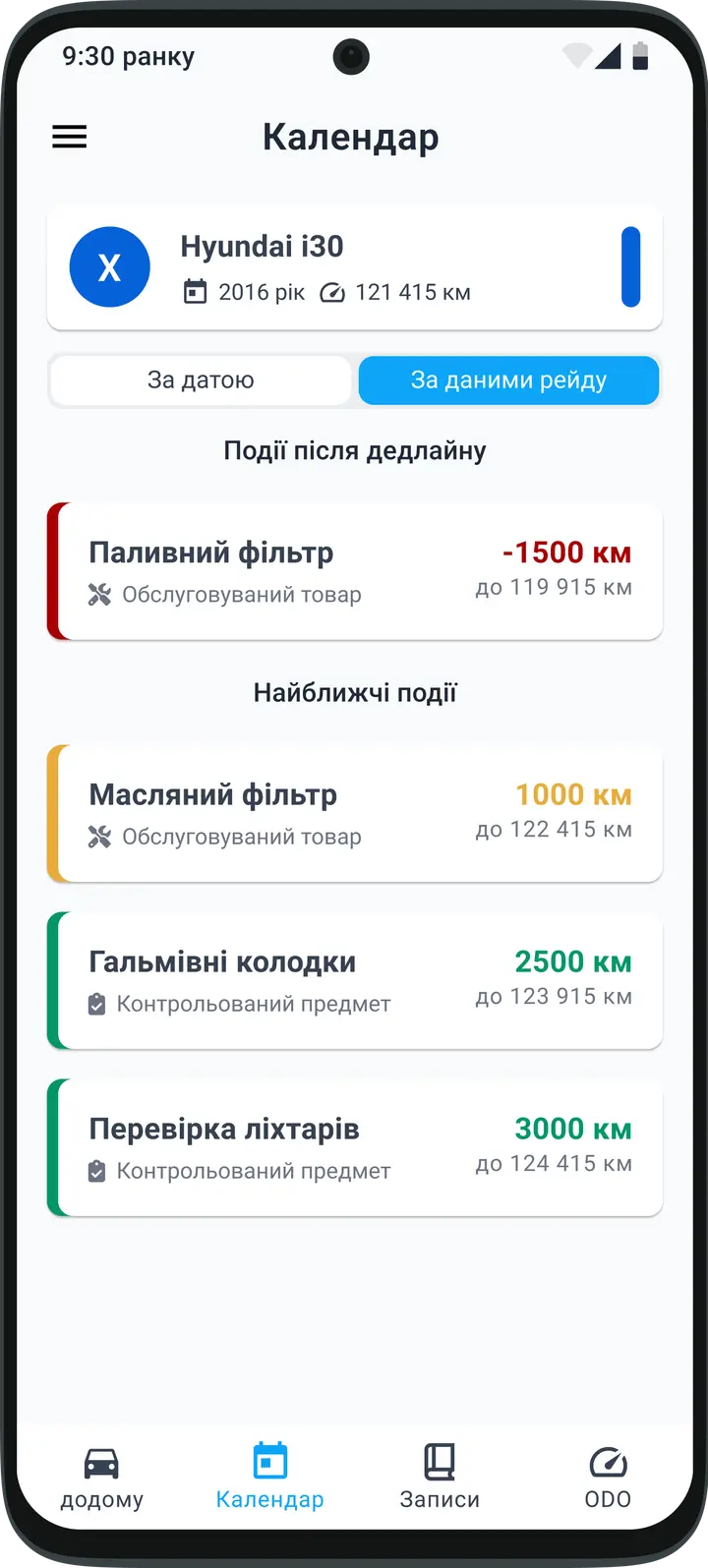 Хронологічний огляд завдань з обслуговування та майбутніх дат технічного обслуговування автомобіля в застосунку HealthCar