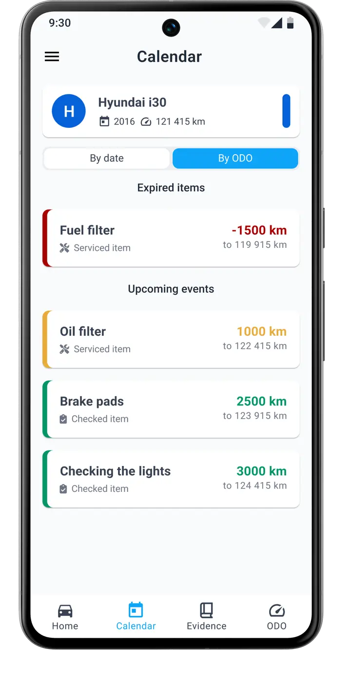 Chronological overview of service tasks and upcoming vehicle maintenance dates in the HealthCar application
