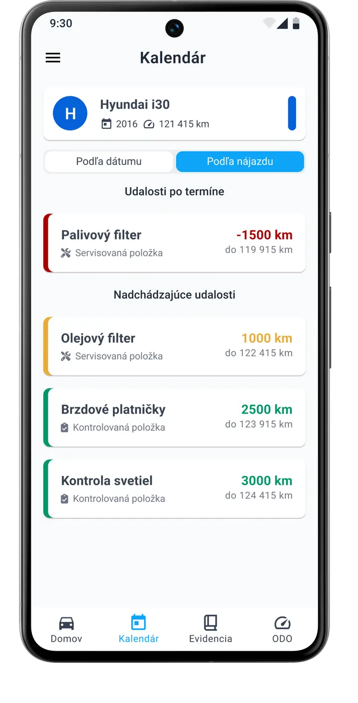 Chronologický prehľad servisných úkonov a nadchádzajúcich termínov údržby vozidla v aplikácii HealthCar