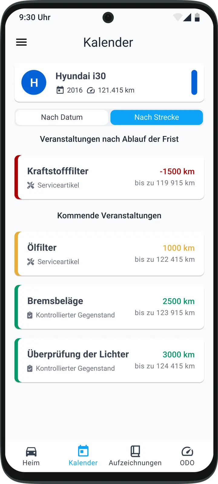 Chronologische Übersicht der Serviceaufgaben und anstehenden Fahrzeugwartungstermine in der HealthCar-Anwendung
