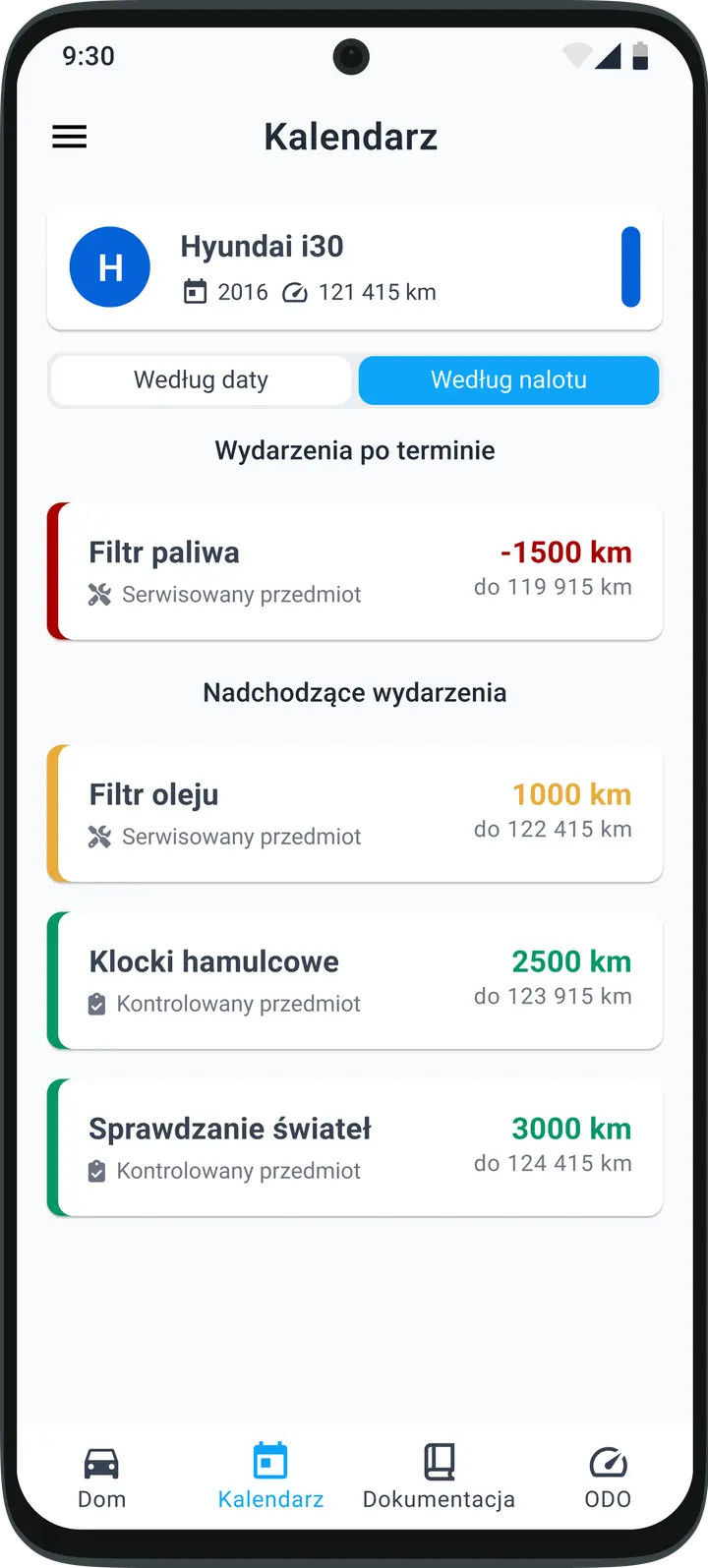 Chronologiczny przegląd zadań serwisowych i nadchodzących terminów przeglądów pojazdu w aplikacji HealthCar