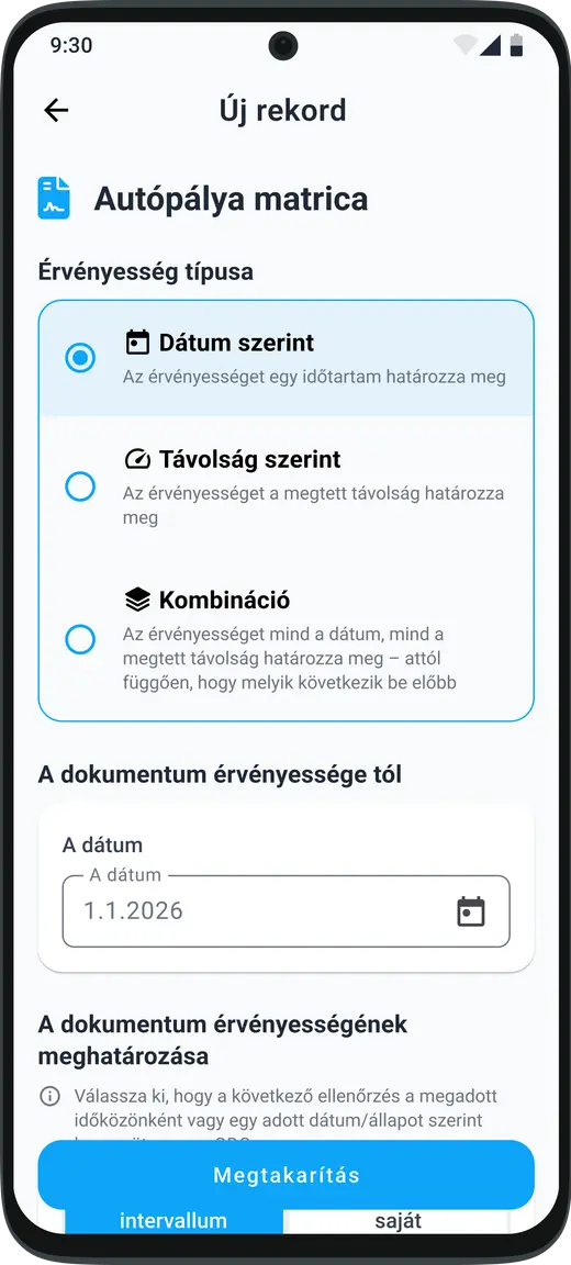 A járműkarbantartási tételek érvényességi típusának és kezdő dátumának beállítása az Ön igényei szerint a HealthCar alkalmazásban