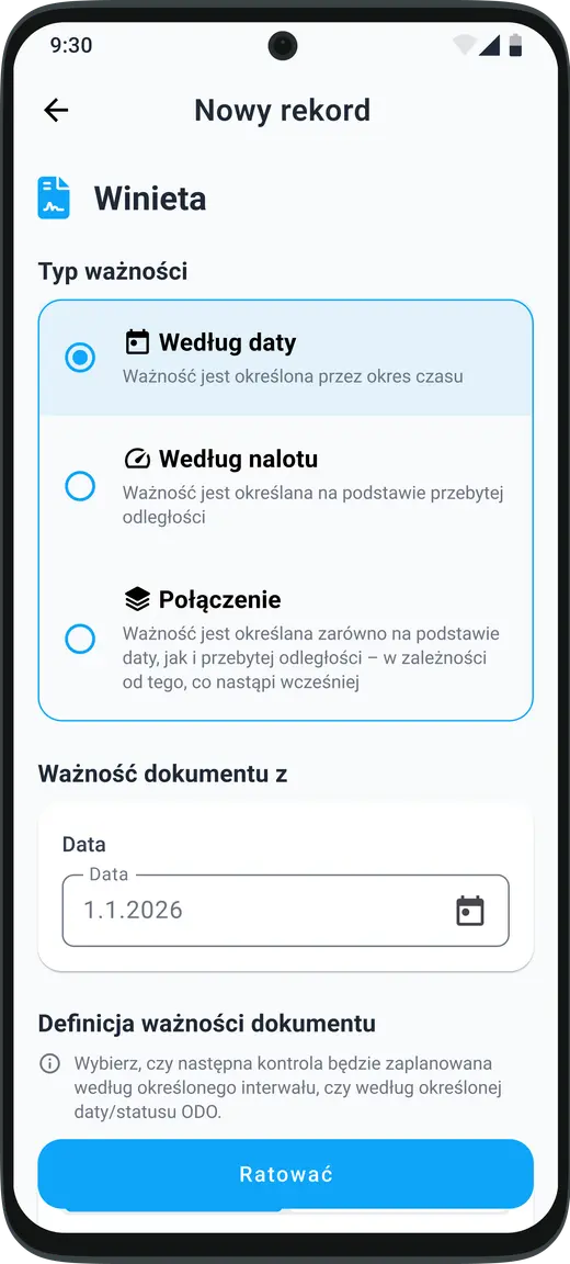Ustawianie typu ważności i daty rozpoczęcia czynności konserwacyjnych pojazdu według własnych potrzeb w aplikacji HealthCar