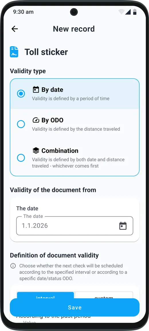 Setting the validity type and start date of vehicle maintenance items according to your own needs in the HealthCar application
