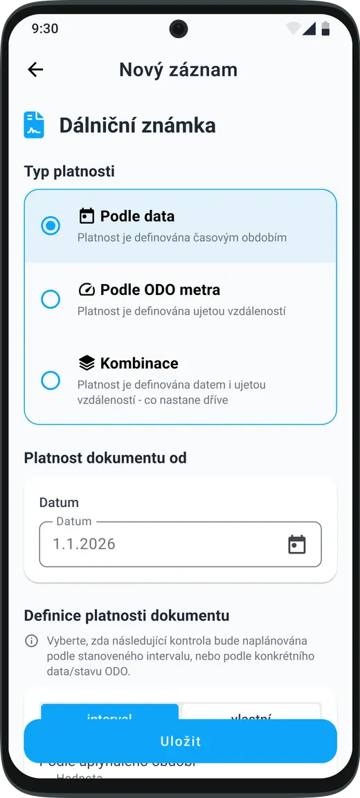 Nastavení typu platnosti a počátku platnosti položek údržby vozidla podle vlastních potřeb v aplikaci HealthCar