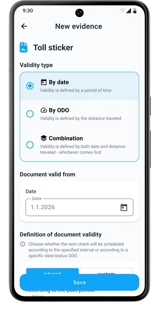 Setting the validity type and start date of vehicle maintenance items according to your own needs in the HealthCar application
