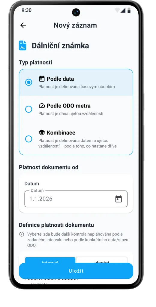 Nastavení typu platnosti a počátku platnosti položek údržby vozidla podle vlastních potřeb v aplikaci HealthCar