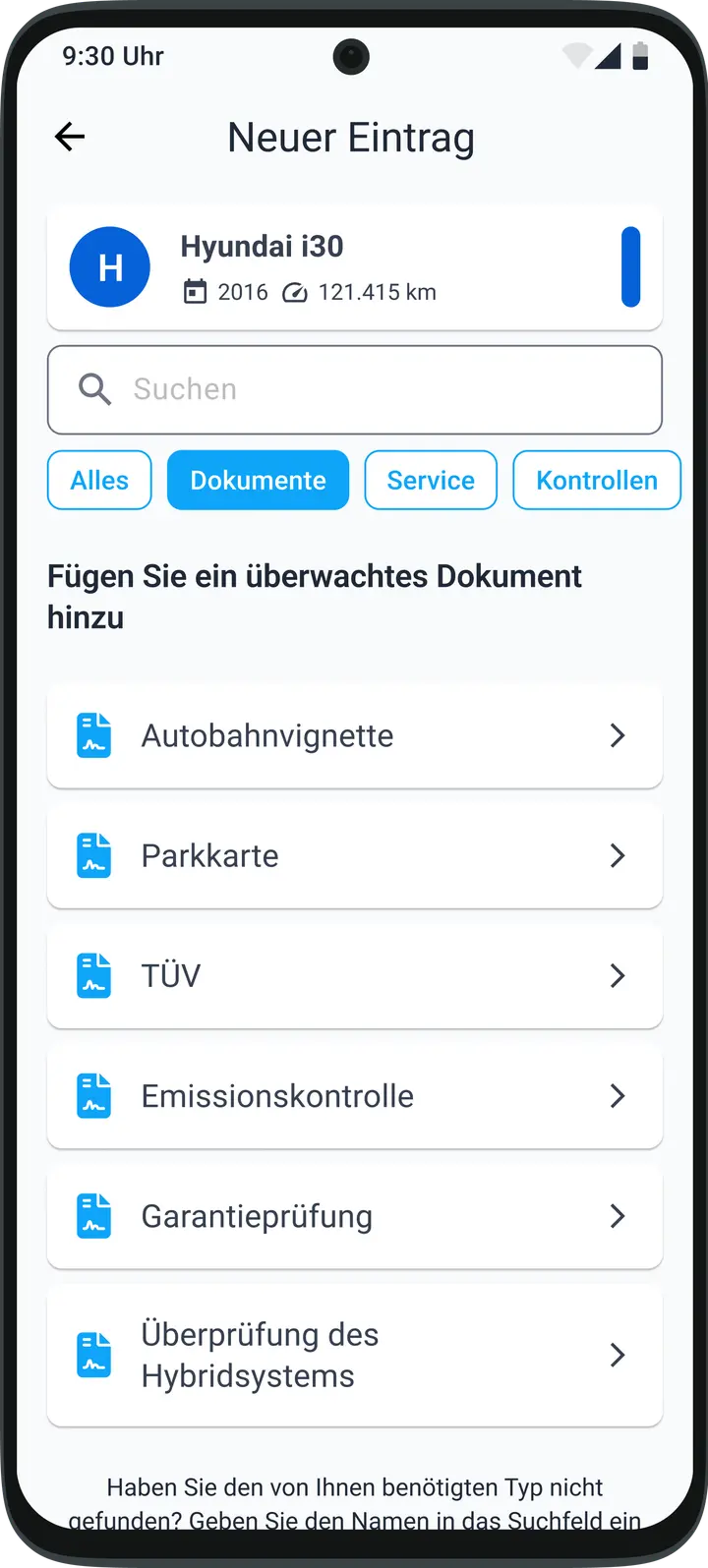 Übersichtliche Aufzeichnungen über Fahrzeugwartung, Servicearbeiten und Dokumente in der HealthCar-App