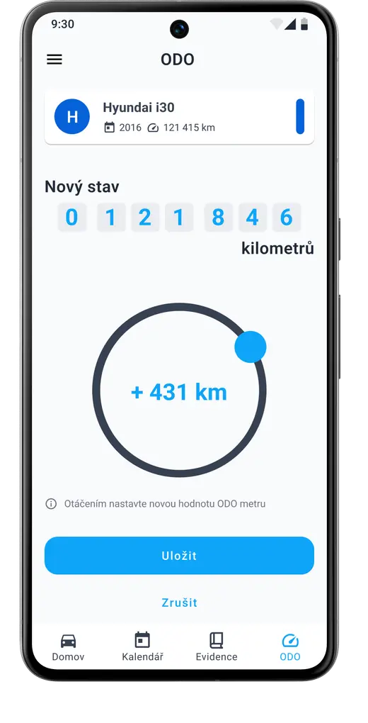 Sledování a aktualizace ODO metra vozidla pomocí manuálního zápisu v aplikaci HealthCar