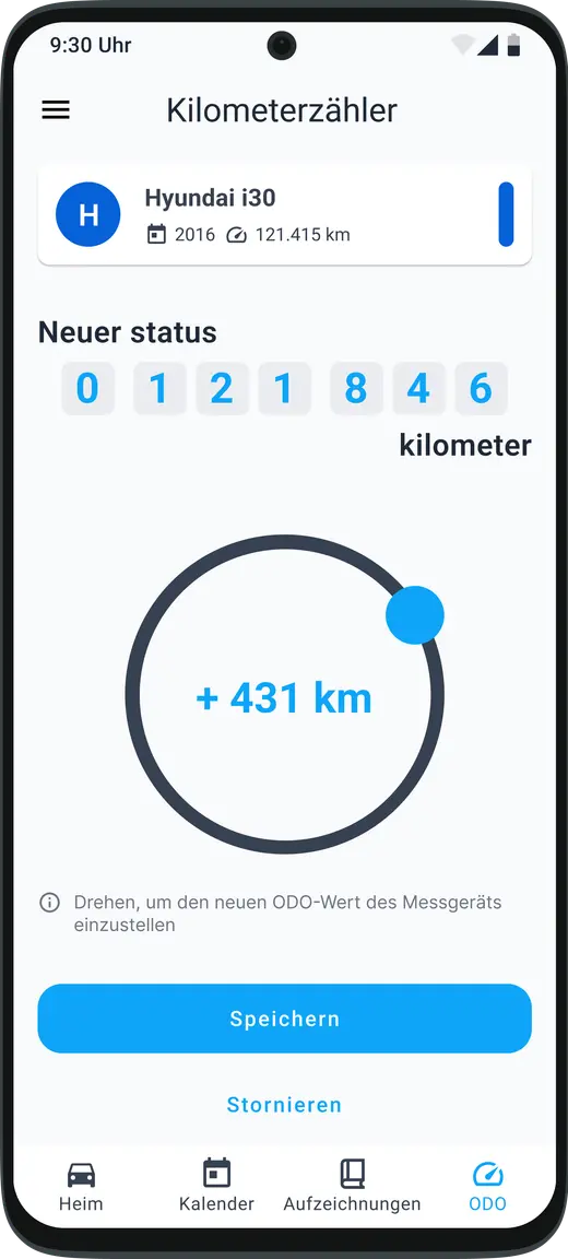Kilometerstand des Fahrzeugs durch manuelle Eingabe in der HealthCar-App verfolgen und aktualisieren