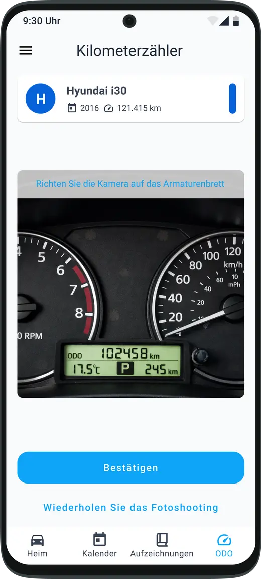 Verfolgung und Aktualisierung des Fahrzeugkilometerzählers mithilfe von KI-Erkennung in der HealthCar-App