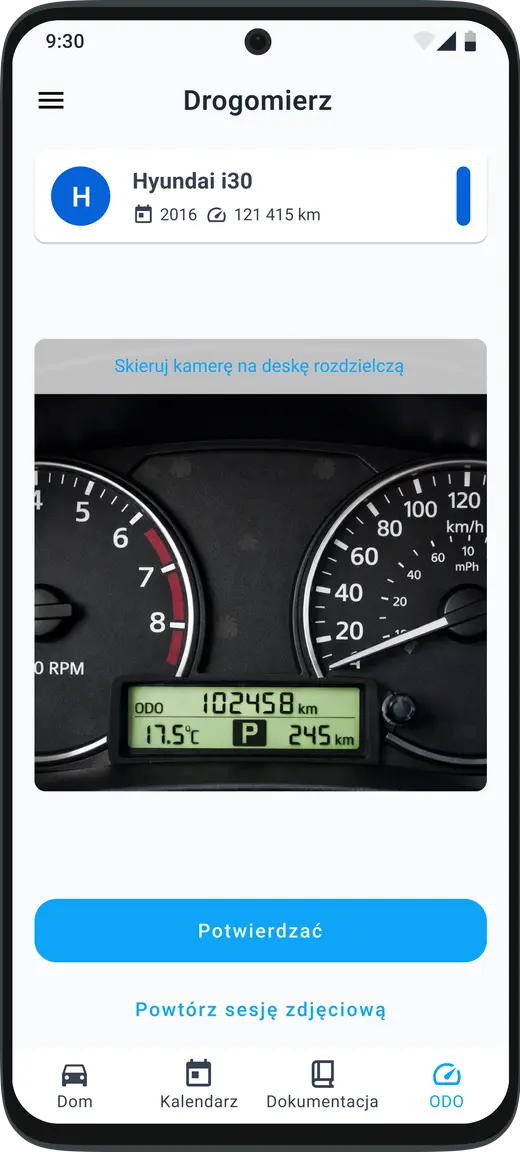 Śledzenie i aktualizowanie licznika ODO pojazdu z wykorzystaniem rozpoznawania AI w aplikacji HealthCar