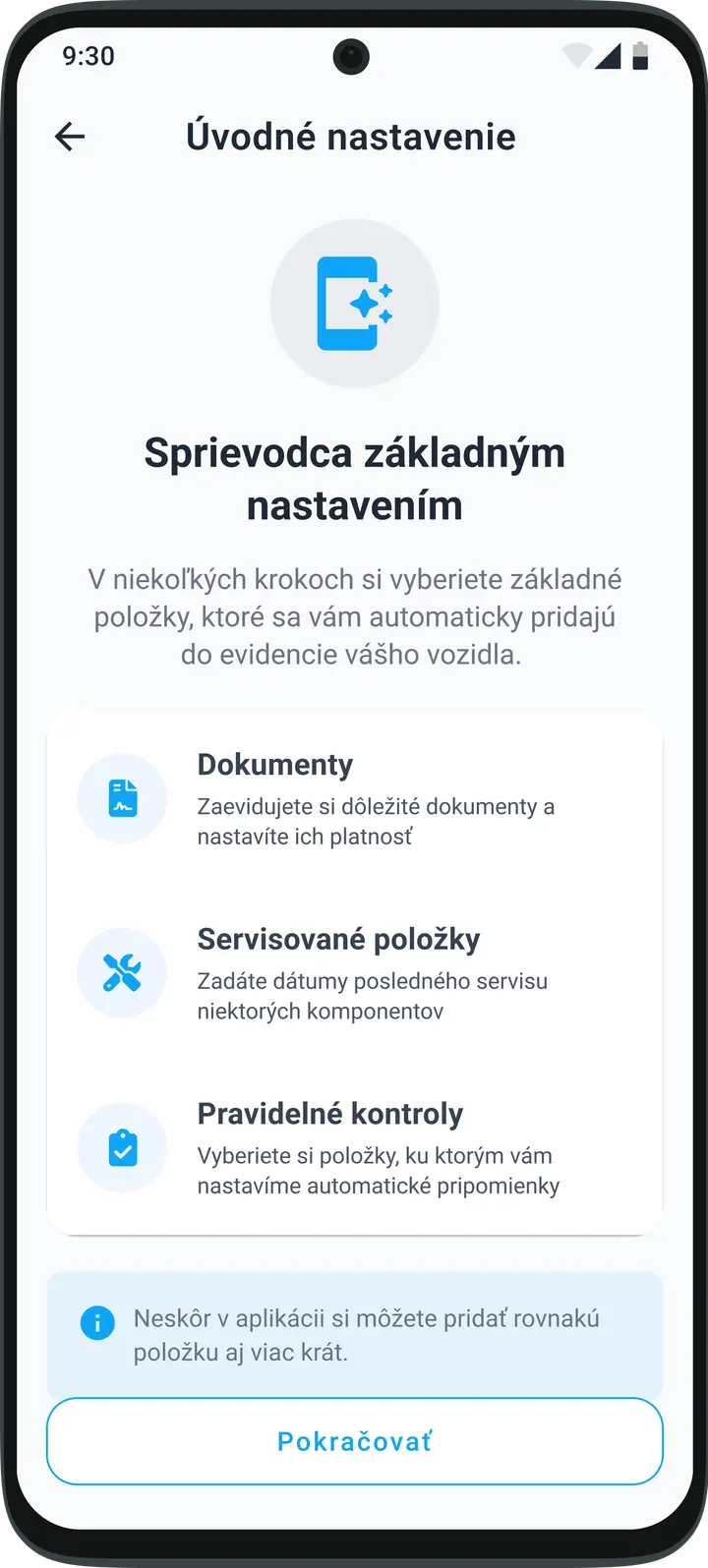 Inteligentný sprievodca nastavením aplikácie HealthCar pre rýchle pridanie vozidla a údržby
