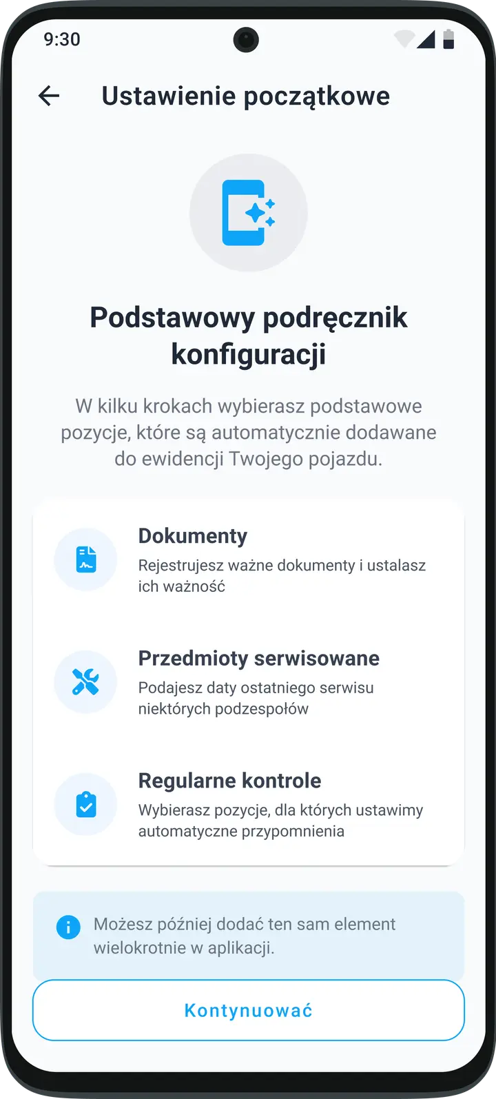 Inteligentny kreator konfiguracji aplikacji HealthCar do szybkiego dodania pojazdu i jego konserwacji