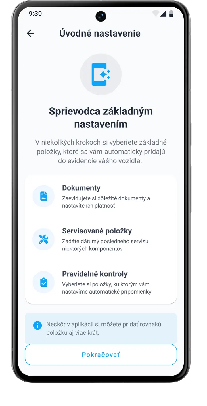 Inteligentný sprievodca nastavením aplikácie HealthCar pre rýchle pridanie vozidla a údržby