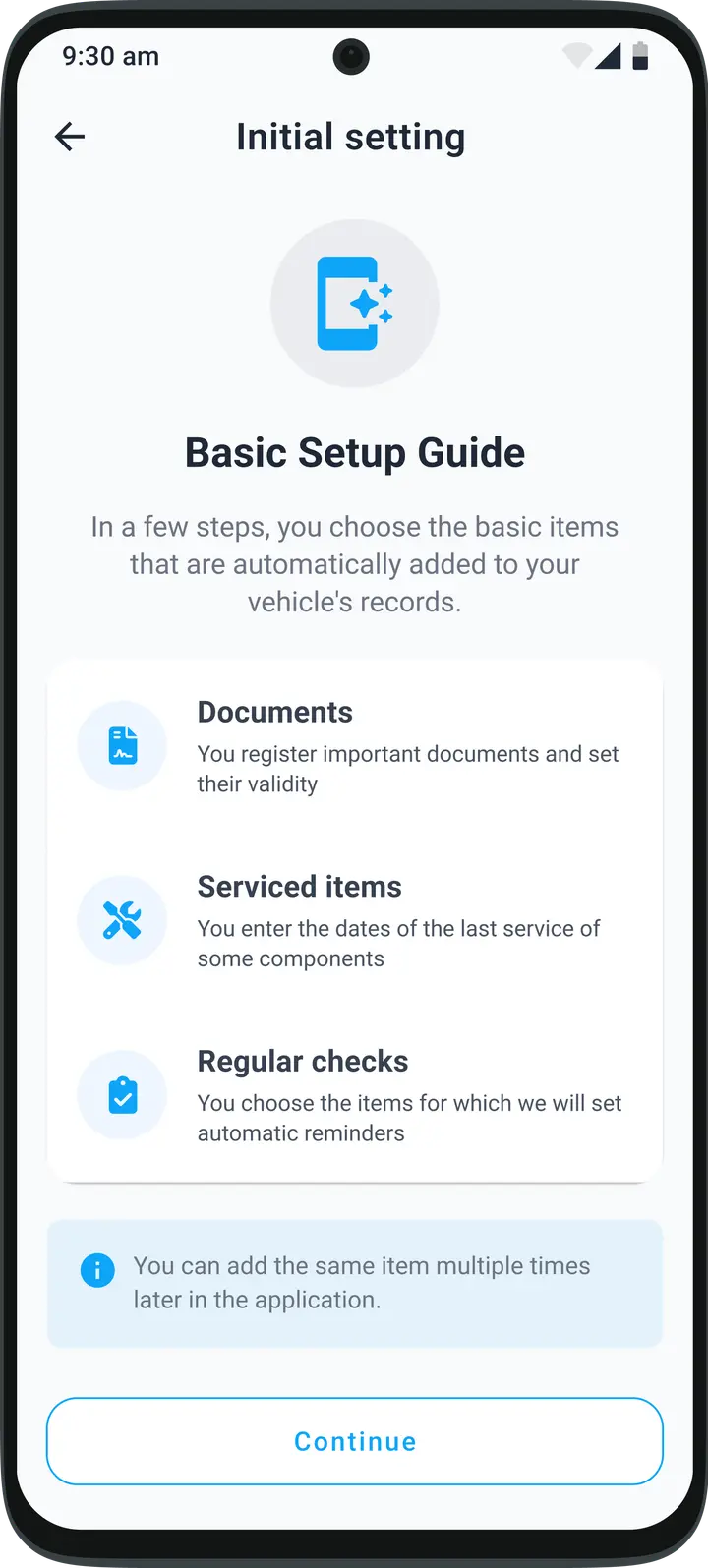 Smart setup wizard in the HealthCar app for quickly adding a vehicle and its maintenance