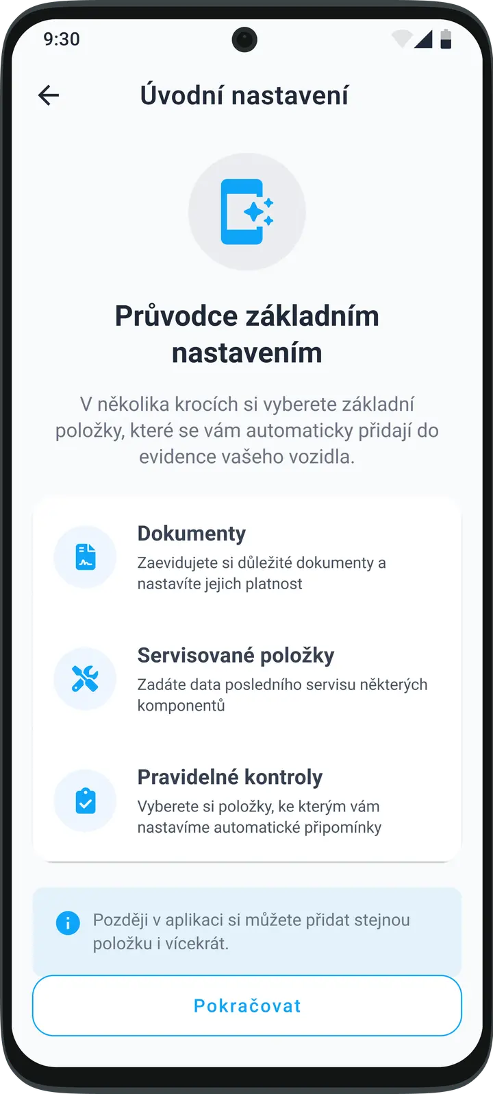 Inteligentní průvodce nastavením aplikace HealthCar pro rychlé přidání vozidla a údržby