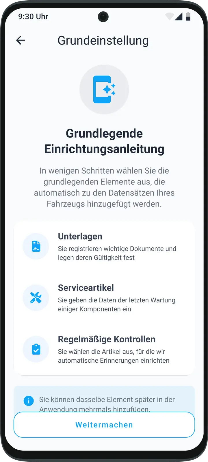 Intelligenter Einrichtungsassistent der HealthCar-App zum schnellen Anlegen von Fahrzeug und Wartung