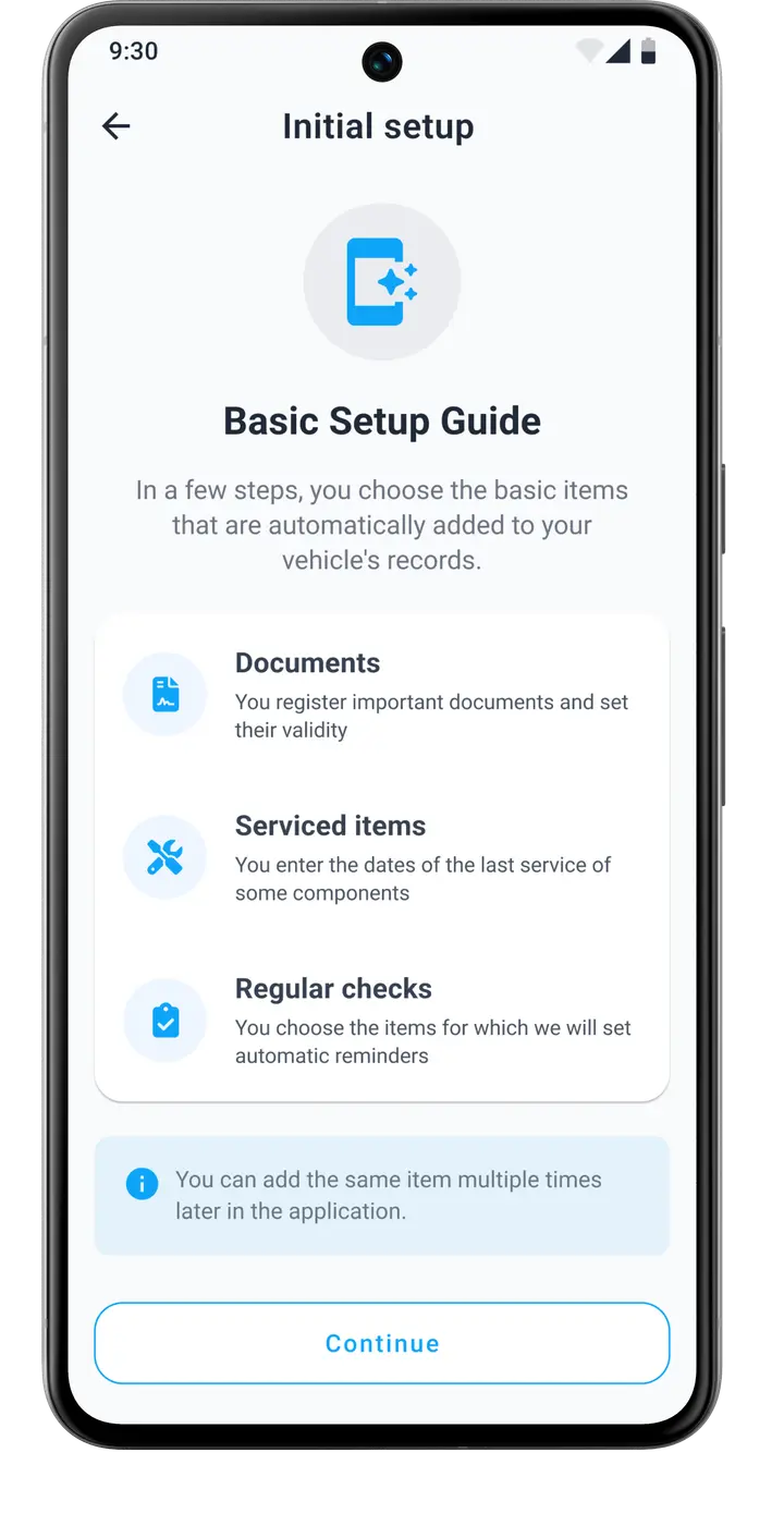 Smart HealthCar app setup wizard for quick vehicle addition and maintenance