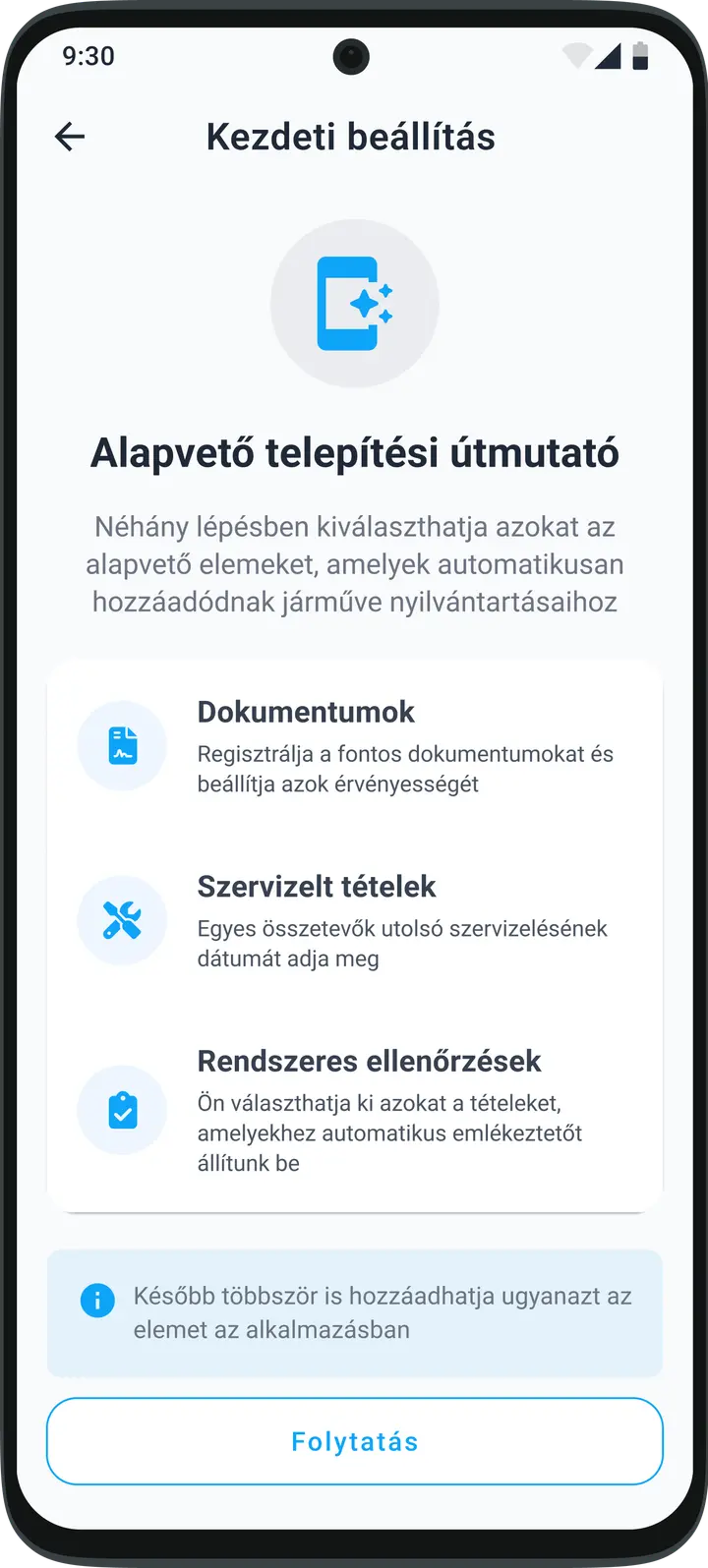 A HealthCar alkalmazás intelligens beállítóvarázslója a jármű és a karbantartás gyors hozzáadásához
