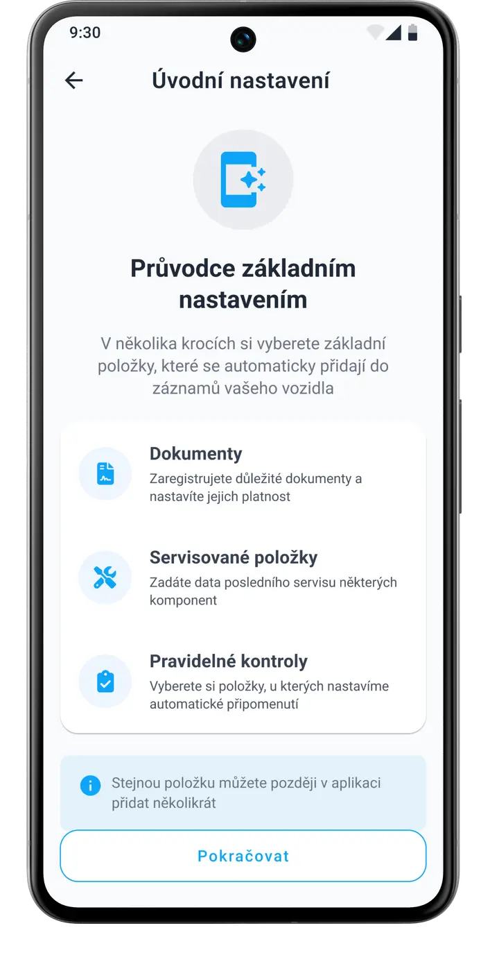 Inteligentní průvodce nastavením aplikace HealthCar pro rychlé přidání vozidla a údržby